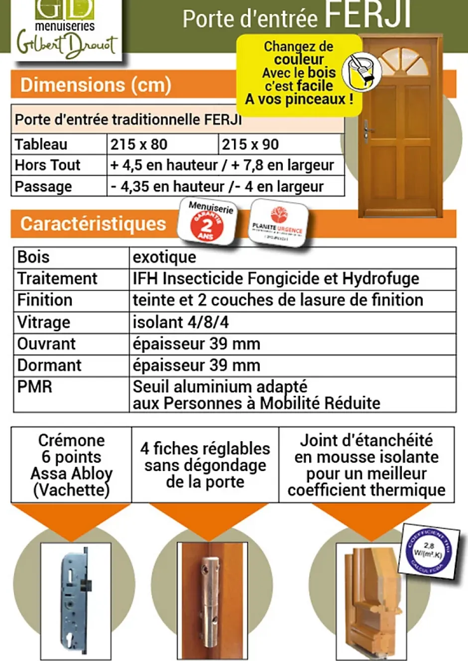 Gd Menuiseries Porte D'entrée Bois Vitrée Ferji, H.215xl.90 Côte Tableau P.droit Poignée, Barillet