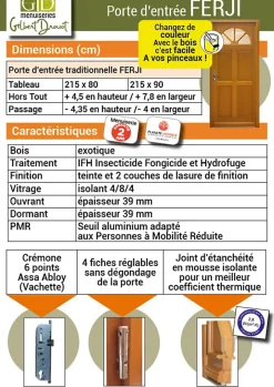 Porte D'entrée Bois Vitrée Ferji, H.215xl.90 Côte Tableau P.gauche, Poignée, Barillet-Gd Menuiseries