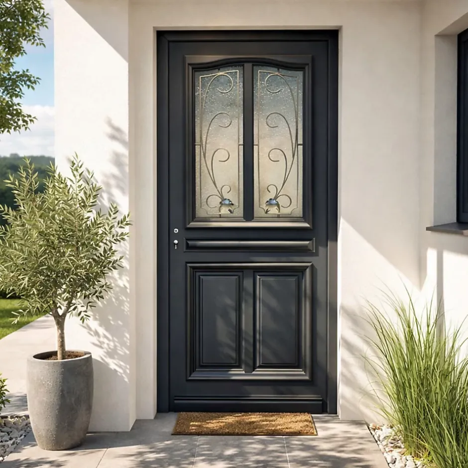 Porte D'entrée Bois Vitrée Mathilde Ral 7016, H.215xl.90 P,droit Côte Tableau-Gd Menuiseries Hot