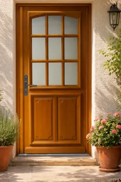 Gd Menuiseries Porte D'entrée Bois Vitrée Marine, H.200 X L.90 P.droit, Poignée, Barillet Côte Tableau