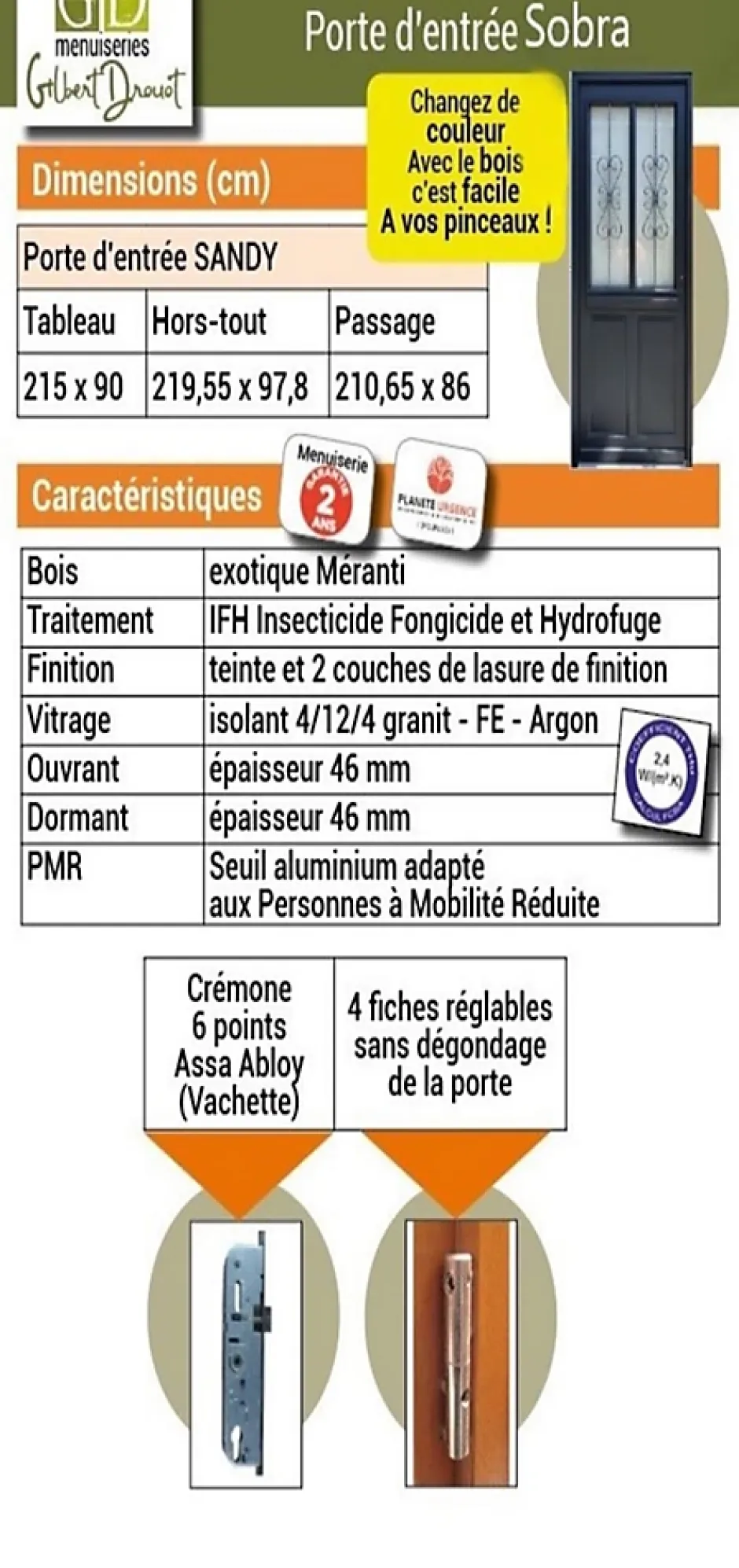 Porte D'entrée Bois Vitrée Sobra, H.215xl.90 Côte Tableau P,gauche, Poignée, Barillet-Gd Menuiseries Outlet