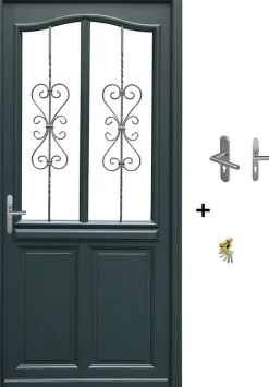 Gd Menuiseries Porte D'entrée Bois Vitrée Sabrina Gris Ral7016, H.215xl.90 Côte Tableau P.droit Poignée, Barillet