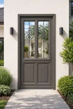 Gd Menuiseries Porte D'entrée Bois Vitrée Santiago Gris Marron Ral7039, H.215xl.90 Côte Tableau P,gauche