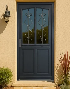 Porte D'entrée Bois Vitrée Sandro Gris Ral7016, H.200 X L.90 Côte Tableau, P.droit-Gd Menuiseries Sale