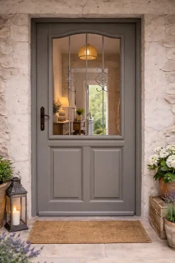 Gd Menuiseries Porte D'entrée Bois Vitrée Santiago Gris Marron Ral7039, H.200 X L.90 Côte Tableau, P.droit