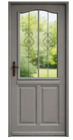 Porte D'entrée Bois Vitrée Santiago Gris Marron Ral7039, H.200 X L.90 Côte Tableau, P.droit, Poignee, Barillet-Gd Menuiseries Best