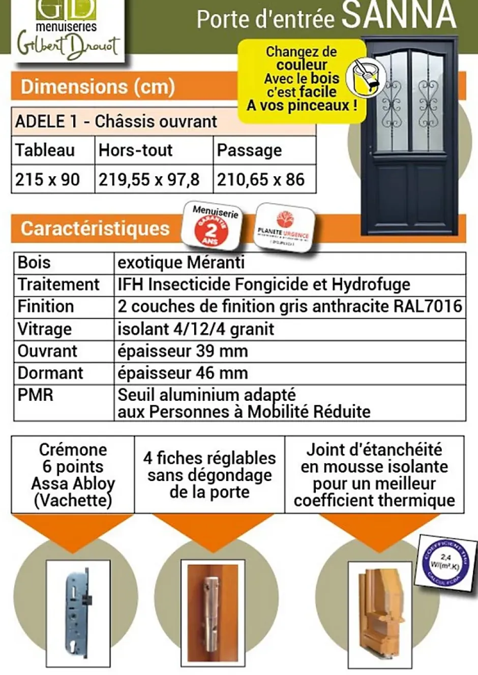 Porte D'entrée Bois Vitrée Sanna, H.215xl.90 Côte Tableau P.gauche, Poignée, Barillet-Gd Menuiseries Discount