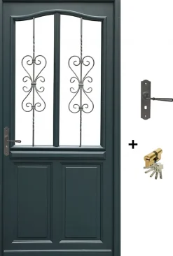 Porte D'entrée Bois Vitrée Sabrina Gris Ral7016, H.215xl.90 Côte Tableau, P.droit, Poignée, Barillet-Gd Menuiseries