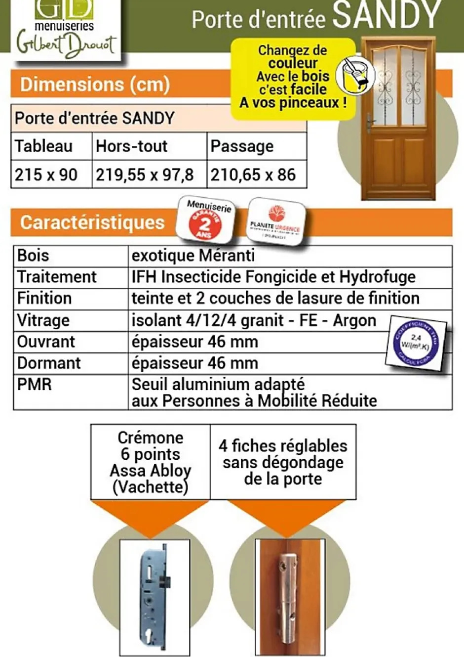 Porte D'entrée Bois Vitrée Sandy, H.215xl.90 Côte Tableau P.gauche-Gd Menuiseries Outlet