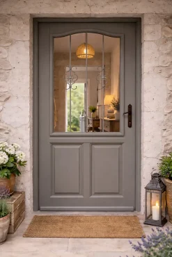 Porte D'entrée Bois Vitrée Santiago Gris Marron Ral7039, H.200 X L.90 Côte Tableau P,gauche, Poignee, Barillet-Gd Menuiseries Discount