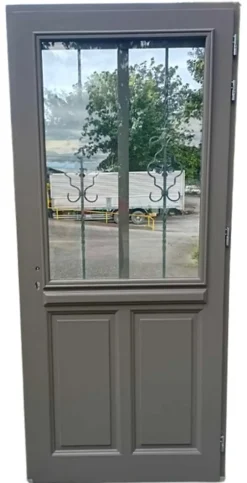 Porte D'entrée Bois Vitrée Santiago Gris Marron Ral7039, H.200 X L.90 Côte Tableau P,gauche, Poignee, Barillet-Gd Menuiseries Discount
