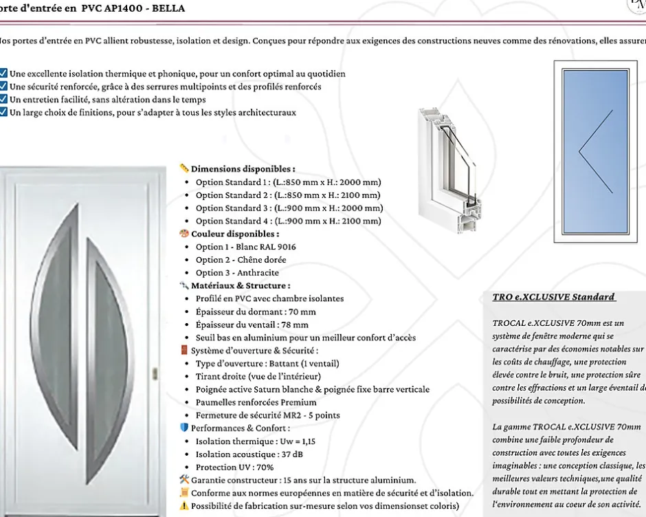 Porte d'entrée en PVC AP1400 BELLA Blanc RAL 9016 (L.:900mm x H.:2150mm)-3 in 1 New