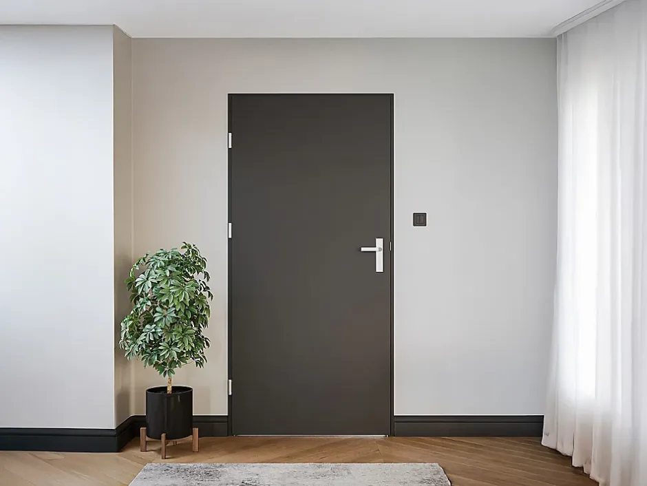 Vente-unique Porte d'entrée en acier pleine et inox H207 x L100 cm anthracite - épaisseur 68 mm - poussant droit - LUSADA