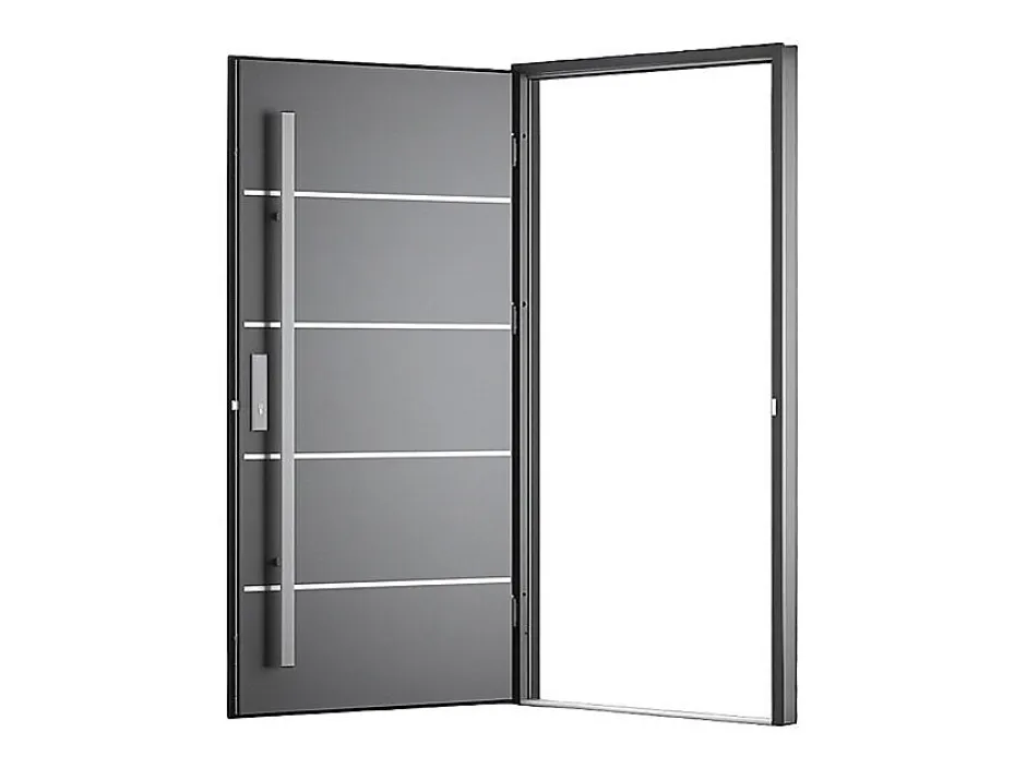Vente-unique Porte d'entrée en acier pleine et inox H207 x L100 cm anthracite - épaisseur 68 mm - poussant droit - LUSADA