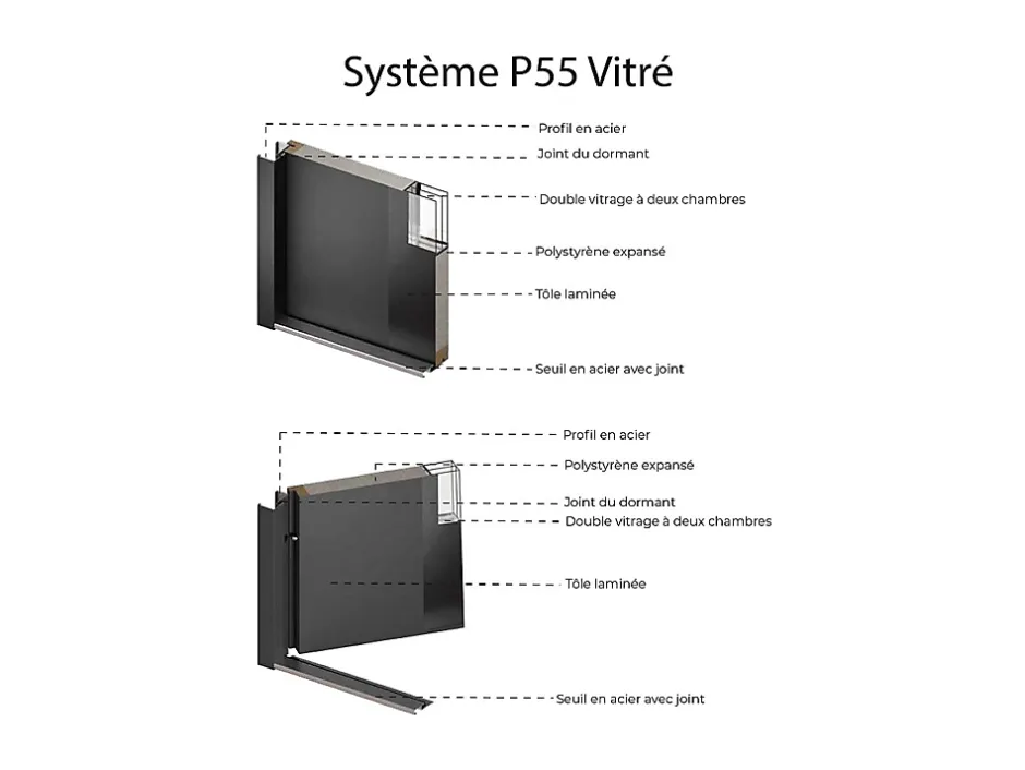 Vente-unique Porte d'entrée en acier vitrée avec inox H207 x L100 cm blanc - épaisseur 55 mm - poussant gauche - COVAS