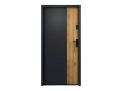 Vente-unique Porte d'entrée pleine en acier H207 x L100 cm - Noir et effet chêne - épaisseur 55 mm - poussant gauche - MABENA