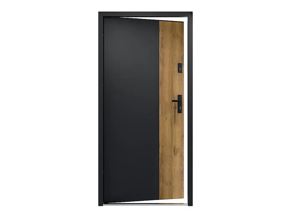 Vente-unique Porte d'entrée pleine en acier H207 x L100 cm - Noir et effet chêne - épaisseur 55 mm - poussant gauche - MABENA
