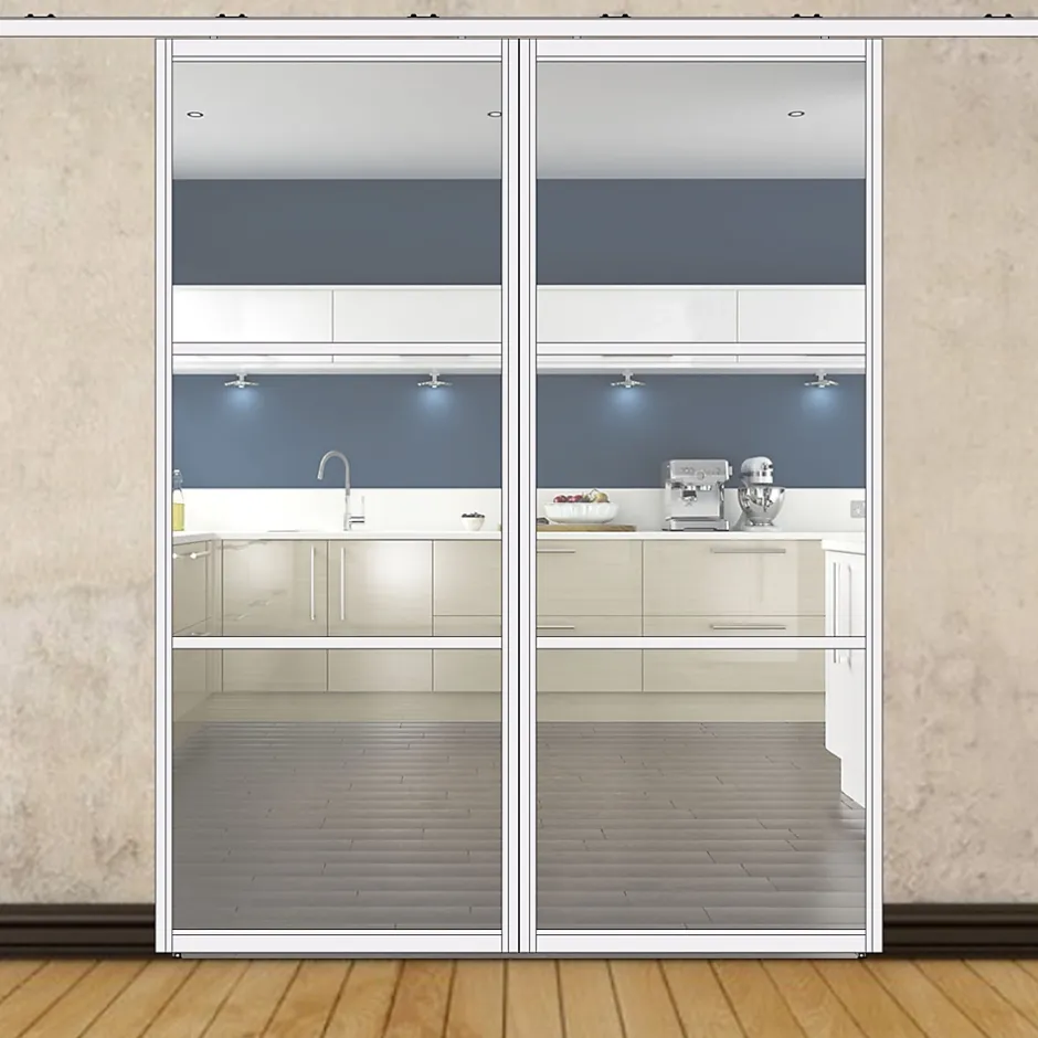 Porte double coulissante H 2088 x L 867 mm - 3 verres horizontaux - trempé 6 mm clair - blanc-MySystem