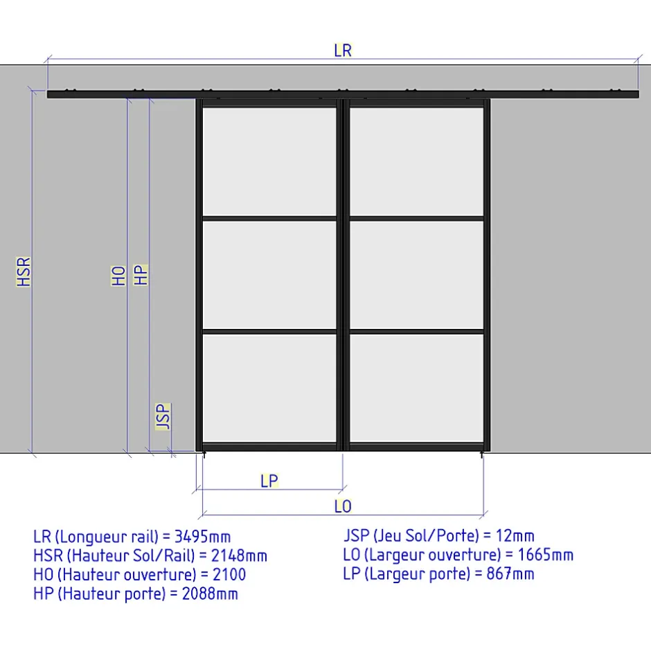 Porte double coulissante H 2088 x L 867 mm - 3 verres horizontaux - trempé 6 mm clair - blanc-MySystem