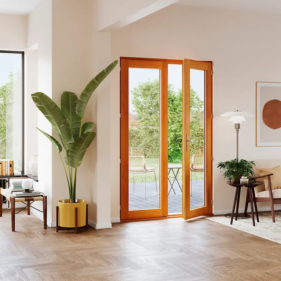 GoodHome Porte fenêtre bois 2 vantaux l.140 x H.215 cm tirant droit