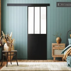 Porte seule 3 carreaux vitrés opaques, coloris noir mat H.204 x l.83cm