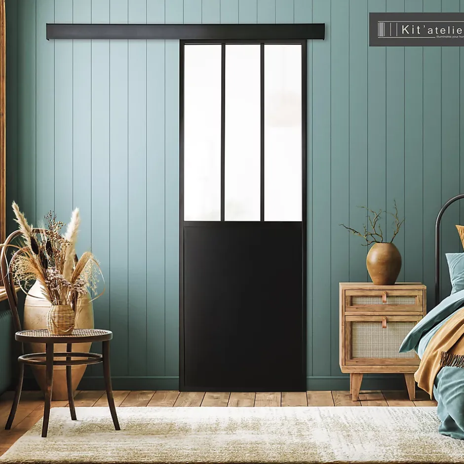 Porte seule 3 carreaux vitrés opaques, coloris noir mat H.204 x l.83cm