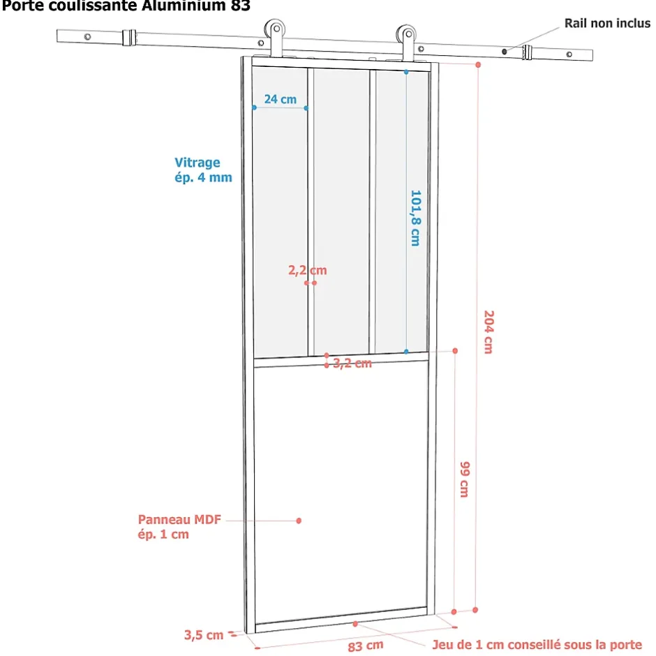 Porte seule 3 carreaux vitrés opaques, coloris noir mat H.204 x l.83cm