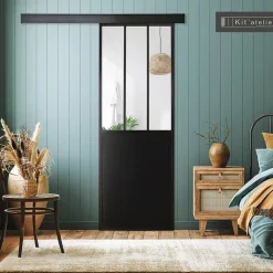 Porte seule en aluminium 3 carreaux vitrés transparents, coloris noir mat H.204 x l.83cm