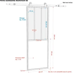 Porte seule en aluminium 3 carreaux vitrés transparents, coloris noir mat H.204 x l.83cm