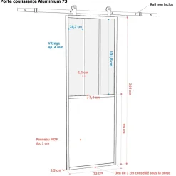 Porte seule en aluminium 3 carreaux vitrés transparents 73 coloris blanc H.204 x l.73cm