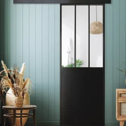 Porte seule en aluminium 3 carreaux vitrés transparents, coloris noir H.204 x l.73cm- Hot