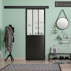 Porte seule en MDF, 3 carreaux vitrés transparents, coloris noir mat H.204 x l.83cm- Outlet