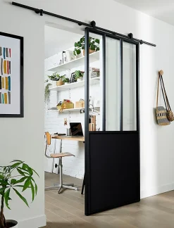 Porte seule en MDF, 3 carreaux vitrés transparents, coloris noir mat H.204 x l.83cm- Outlet