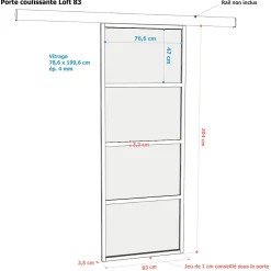 Porte seule Loft 4 carreaux vitrés transparents, coloris noir mat H.204 x l.83cm
