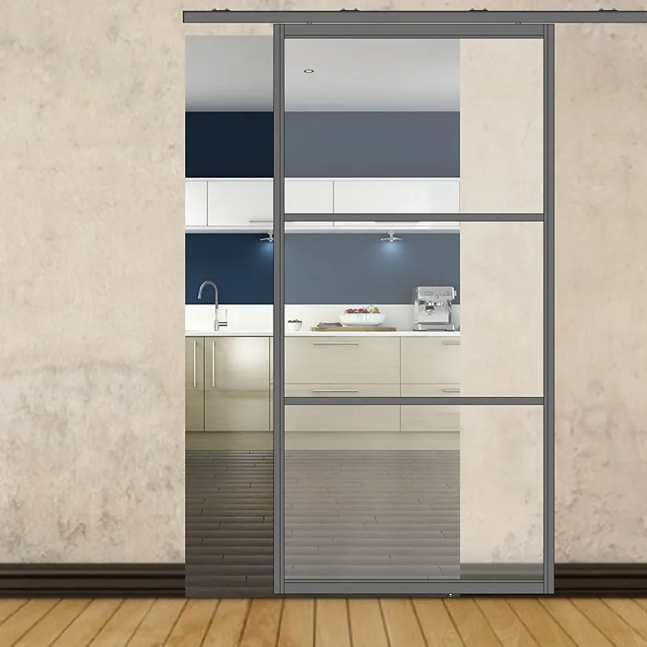 Porte simple coulissante droite H 2088 x L 1067 mm - 3 verres horizontaux - trempé 6 mm clair - gris-MySystem Discount