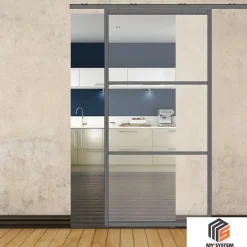 Porte simple coulissante droite H 2088 x L 1067 mm - 3 verres horizontaux - trempé 6 mm clair - gris-MySystem Discount