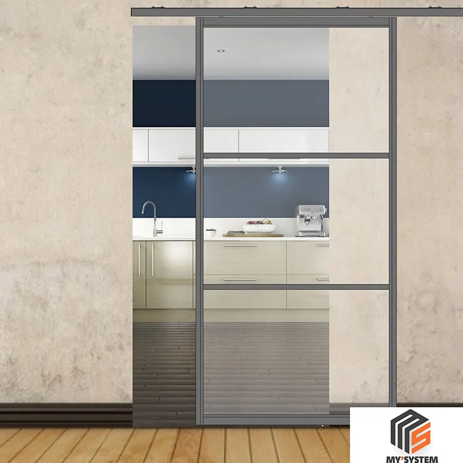 Porte simple coulissante droite H 2088 x L 1067 mm - 3 verres horizontaux - trempé 6 mm clair - gris-MySystem Discount