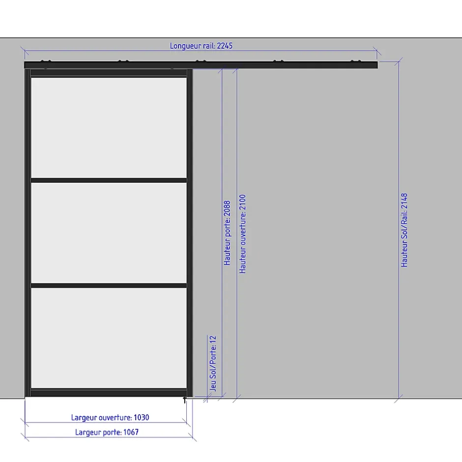 Porte simple coulissante droite H 2088 x L 1067 mm - 3 verres horizontaux - trempé 6 mm clair - gris-MySystem Discount