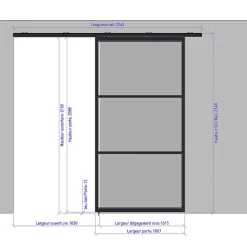 Porte simple coulissante droite H 2088 x L 1067 mm - 3 verres horizontaux - trempé 6 mm clair - gris-MySystem Discount