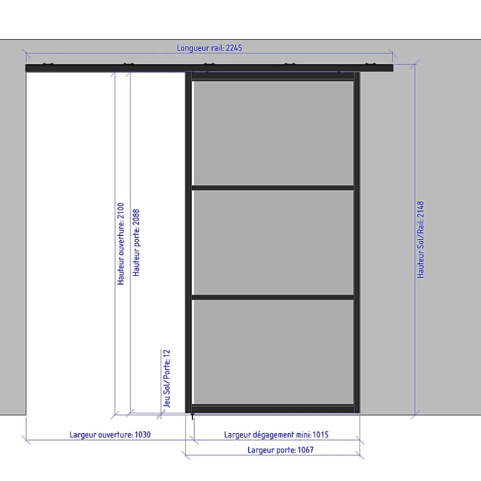 Porte simple coulissante droite H 2088 x L 1067 mm - 3 verres horizontaux - trempé 6 mm clair - gris-MySystem Discount