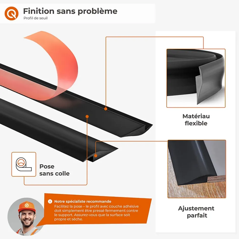 Quest Profil de rampe flexible en PVC autocollant pour carrelages et moquettes, Marron