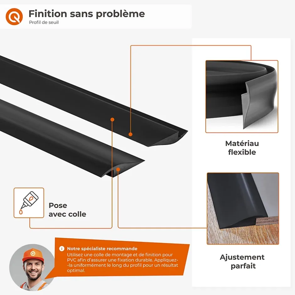 Quest Profil de rampe flexible en PVC pour carrelages, moquettes, gris, 200 cm