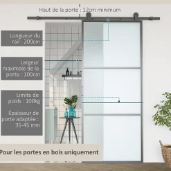 Rail porte coulissante 2 m avec quincaillerie - kit de rail pour porte coulissante 100Kg - acier au carbone noir-Homcom Sale
