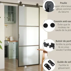 Rail porte coulissante 2 m avec quincaillerie - kit de rail pour porte coulissante 100Kg - acier au carbone noir-Homcom Sale