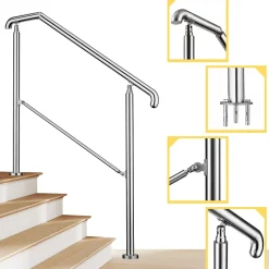 AICA Sanitaire Rampe d'escalier L.136cm - acier inox 201 - 3 à 4 Marches - Argent Garde Corps - Angle Reglable de 0-60 - Exterieur et Interieur