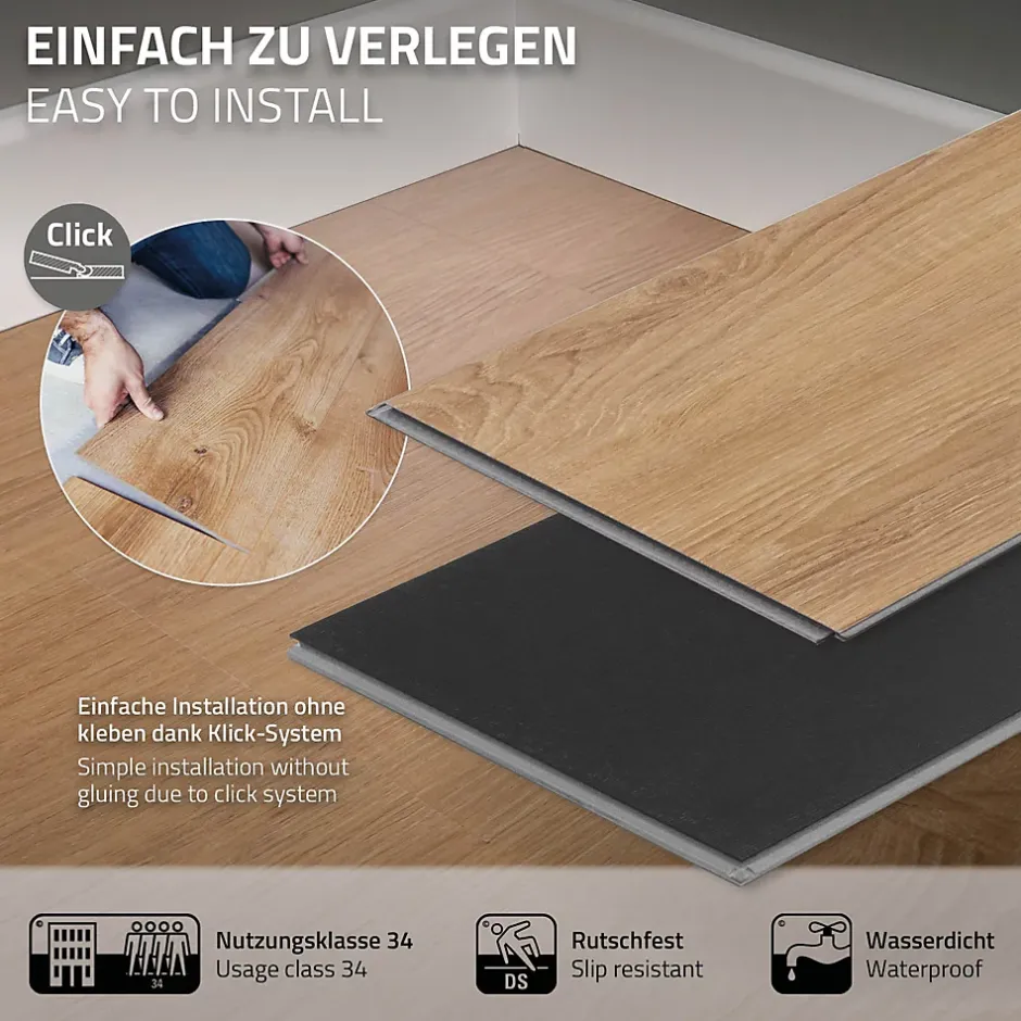 Revêtement de sol à clic en PVC 3,08m²/14 planches 122x18cm marron clair aspect chêne-Ml-Design Clearance