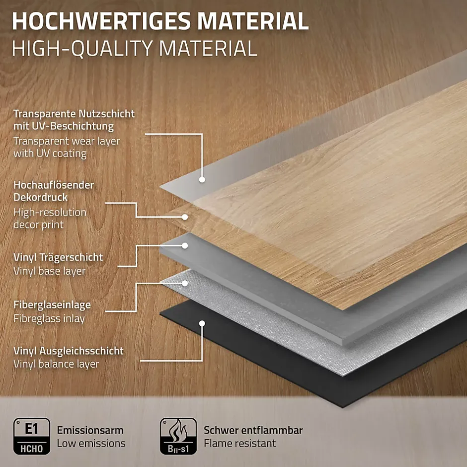 Revêtement de sol à clic en PVC 3,08m²/14 planches 122x18cm marron clair aspect chêne-Ml-Design Clearance