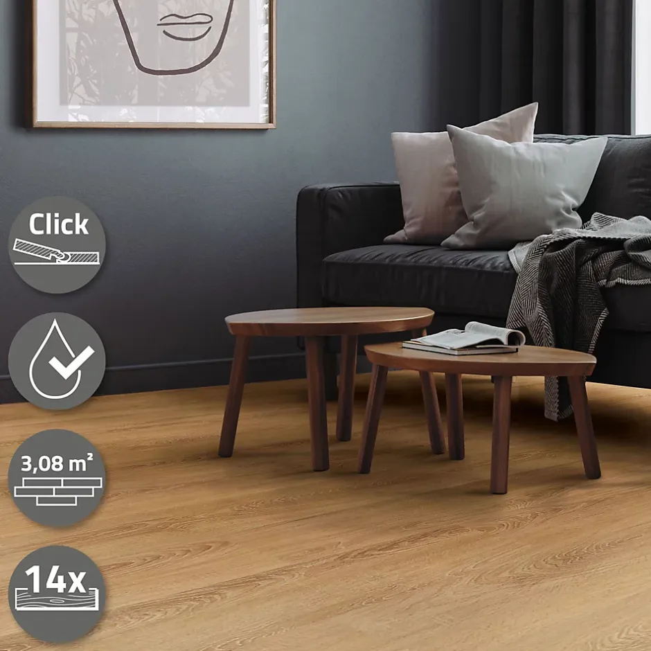 Revêtement de sol à clic en PVC 3,08m²/14 planches 122x18cm marron clair aspect chêne-Ml-Design Clearance