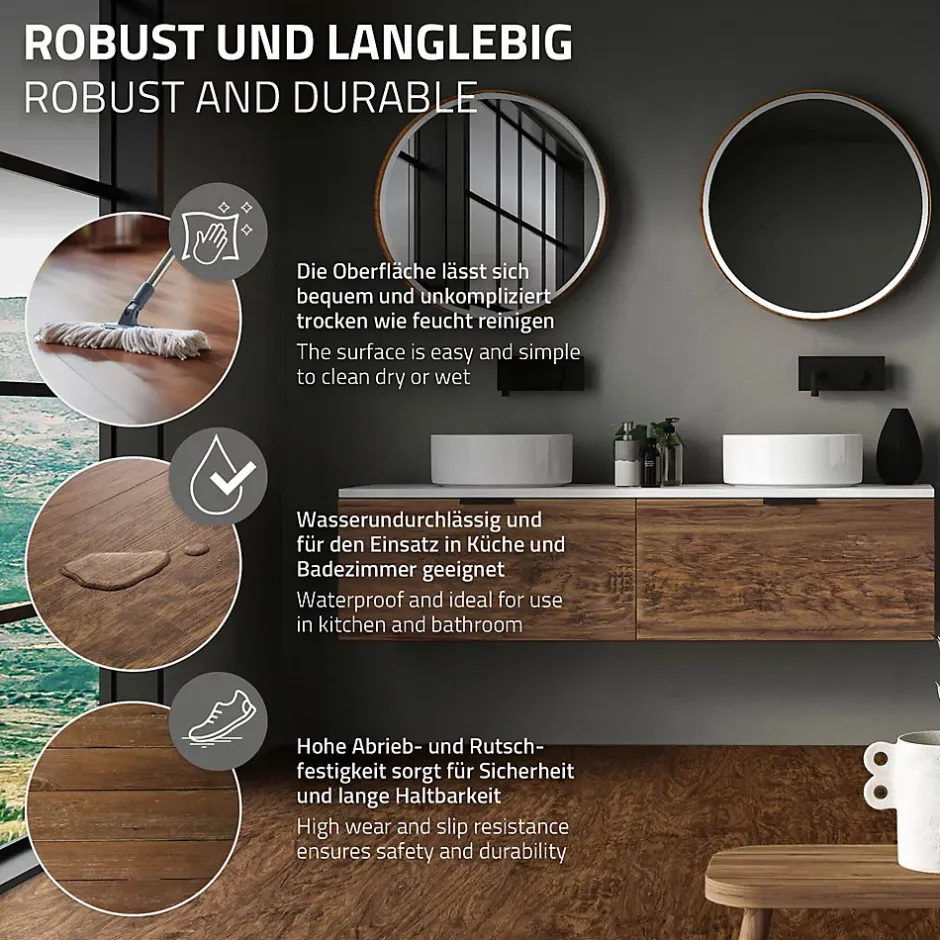 Revêtement de sol à clic en PVC 3,08 m² / 14 planches 122 x 18 cm marron aspect acacia-Ml-Design Online