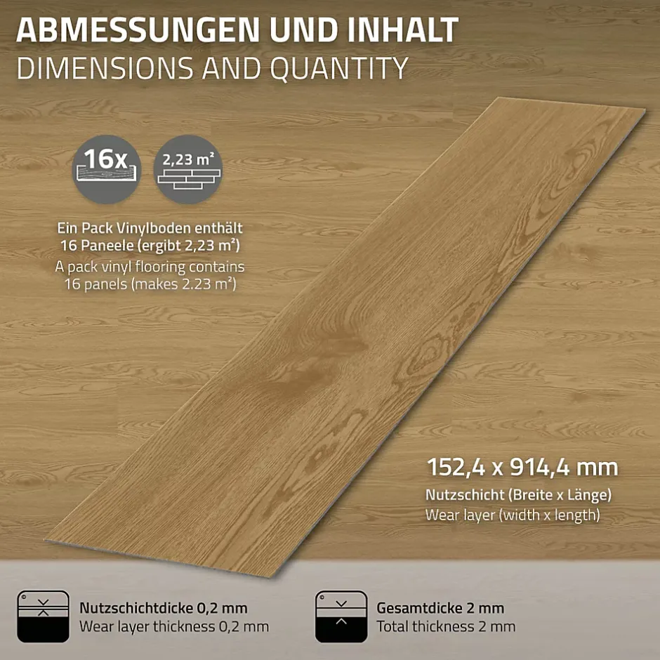 Revêtement de sol autocollant en PVC 2,23m²/16 planches 91,5x15,3cm naturel aspect chêne-Ml-Design Discount